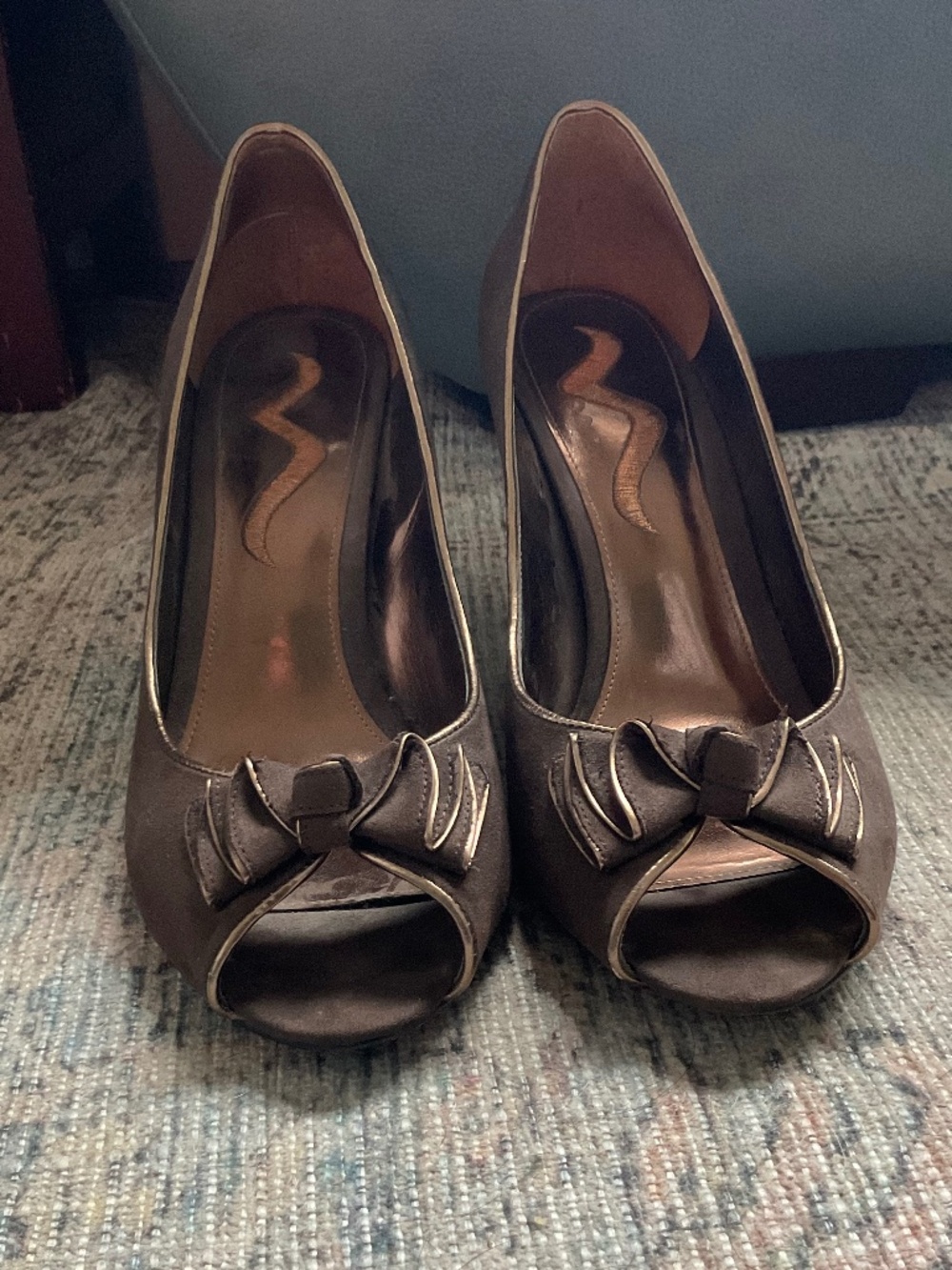 Nina Brown Suede Leather High Heel Open Toe Bronze Foil Trim Knott Ruffled Bow
